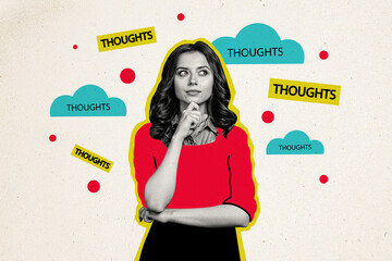 Portrait photo collage ceo young businesswoman touch chin brainstorming looking bubble clouds ideas...