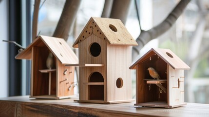 Obraz na płótnie Canvas Three Wooden Bird Houses on Window Sill