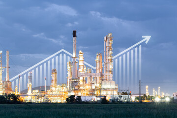 Oil gas refinery or petrochemical plant. Include arrow, graph or bar chart. Increase trend or growth of production, market price, demand, supply. Concept of business, industry, fuel, power energy.