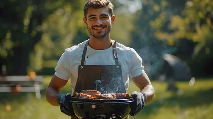 Fotobehang Cheerful young man holding a barbecue grill with meat in a park. Outdoor cooking and picnic concept for design and print. Summer leisure activity photography with natural background © Ekaterina