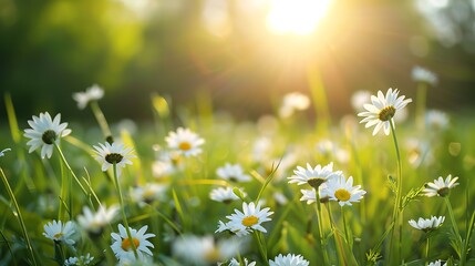 Sunset Over Field of White Daisies, Serene and Picturesque Nature Scene - obrazy, fototapety, plakaty