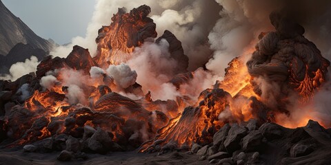 Earthquake and eruption: explosions, smoke, fire, and flowing lava.