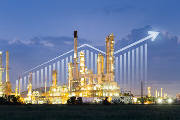 Oil gas refinery or petrochemical plant. Include arrow, graph or bar chart. Increase trend or growth of production, market price, demand, supply. Concept of business, industry, fuel, power energy.