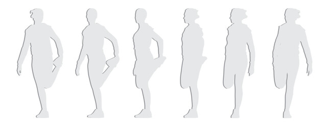 Vector conceptual gray paper cut silhouette of a woman doing physical exercise from different perspectives isolated on white background. A metaphor for active, sport, health, self-care and lifestyle