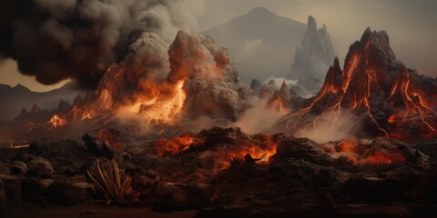 Earthquake and eruption: explosions, smoke, fire, and flowing lava. - obrazy, fototapety, plakaty