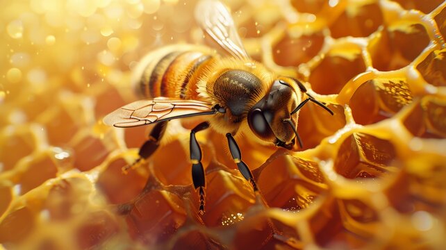 Picture of a honey bee Apis mellifera on a honeycomb ,World Bee Day.
