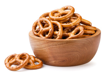 Pretzel in a wooden plate on a white background. Isolated - 769680302