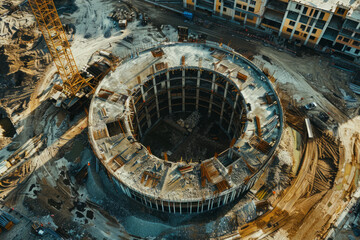 Fototapeta premium Top view of a building under construction. A project of civil engineering, industrial development, tower basement infrastructure