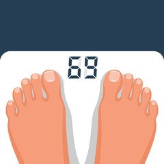 Man standing on weight scale. Man legs on scales. Human is weighed. Body on scales. Vector illustration flat design. Isolated on white background. Overweight people. Healthy lifestyle.