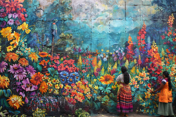 garden of flowers on wall and women in front.