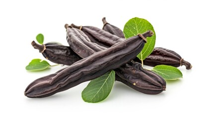 Dried black carob pods and green leaves isolated on white. Organic raw carob beans, natural and healthy ingredient for carob powder and chocolate alternative. Close-up of carob fruit. - obrazy, fototapety, plakaty