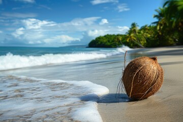 close up shot of a coconut on a sand with sea at beach with tropical palm trees