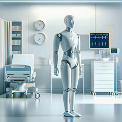 An AI doctor in a modern hospital setting, depicted as a humanoid robot with a professional and caring appearance. This AI doctor is standing in a hospital.