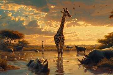 Giraffe and other animals near the river. - obrazy, fototapety, plakaty