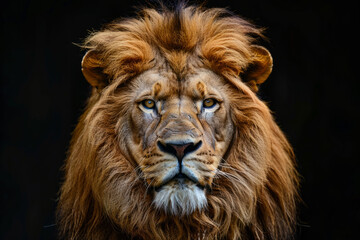 Obraz premium Portrait of a lion on a black background. Detailed face of a lion