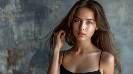 Fototapeta premium Sporty lovely girl in tank-top and denim shorts dancing with pleasure and smiling. Indoor portrait of stunning female model with vintage hairstyle waving hands on studio background.