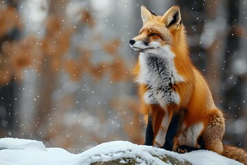 Fototapeta premium Red Fox Resting on Snow Covered Rock