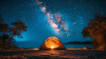 Fototapeta na wymiar Camping under the Stars: A cozy campsite under a starry night sky, with a crackling campfire and silhouetted tents, conveying the joy of outdoor camping.