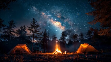 Camping under the Stars: A cozy campsite under a starry night sky, with a crackling campfire and silhouetted tents, conveying the joy of outdoor camping. - obrazy, fototapety, plakaty