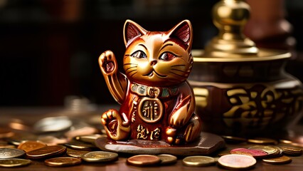 Fortune Beckons: Lucky Cat Figurine Amidst a Scattering of Coins - obrazy, fototapety, plakaty