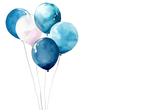 Blue watercolor balloons isolated on white background with copy space. Happy Birthday. Party time. Greeting card template