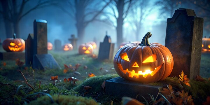 halloween pumpkin in the cementry at the night
