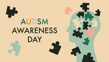 Autism awareness day flat vector illustration. Abstract human head profile with puzzle pieces. Autism acceptance month. Health care medical background