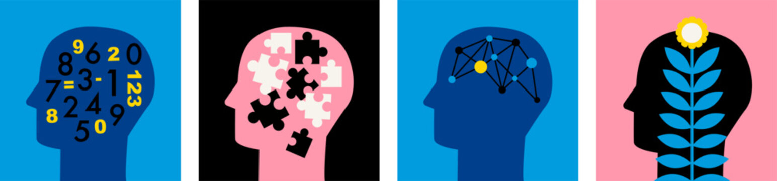 Neurodiversity collection. People with different skills, mindsets or psychological features. Abstract human head profile. Logic. Talent. Thinking brain. Difference concept. Flat vector illustration