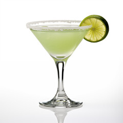 close up of a glass of green cocktail in a martini glass with a round cut of lime on its rim with white sprinkles on the rim of the glass on a white background