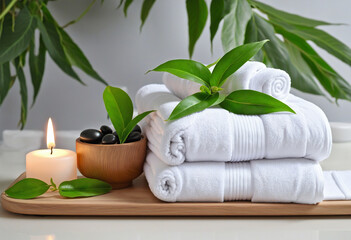 Fototapeta na wymiar Inviting spa ambiance with soft towels and green leaves colorful background