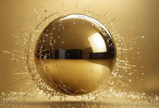 Abstract sphere floating on a golden background colorful background