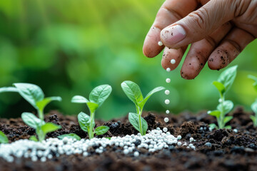 A hand nurturing and providing chemical fertilizers to young plants growing in a germination sequence on fertile soil against a green background - obrazy, fototapety, plakaty