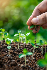 A hand nurturing and providing chemical fertilizers to young plants growing in a germination sequence on fertile soil against a green background