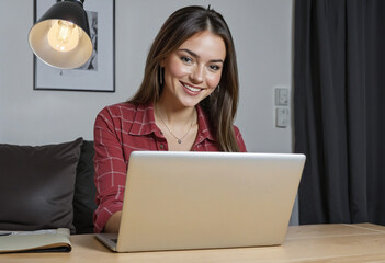 young adult female woman working at home using laptop cheerful smiling joyful working at home lifestyle colorful background