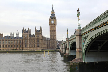 Fototapeta na wymiar Houses of Parliament Big Ben Clock Tower and Westminster Bridge London Winter Landmarks