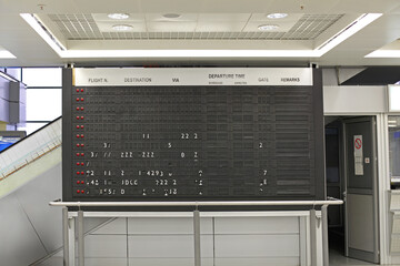 Broken Dysfunctional Split Flap Flight Information Board at Old Airport - obrazy, fototapety, plakaty