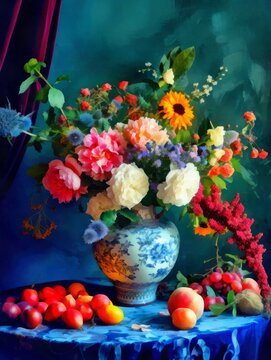 Still life image flowers in a vase and fruits, imitation oil painting.
