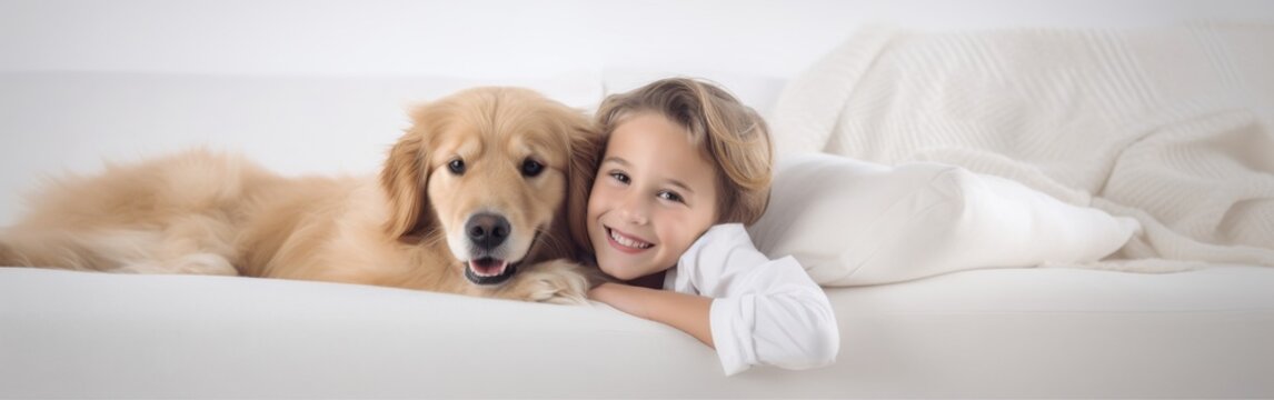A girl lies on a white bed with her golden retriever dog, both smiling and sharing a happy, relaxed moment. The dog rests its head on her arm as they enjoy each others company.