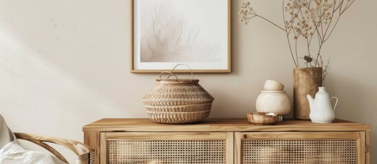 A cozy living room with a wooden cabinet, vases, a chair, and a picture on the wall. The hardwood flooring complements the wood cabinetry and shelving