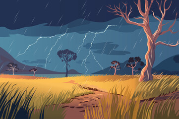 Background thunderstorm in the field in the flat cartoon design. A terrible thunderstorm rages in a valley with grass and trees. Vector illustration.