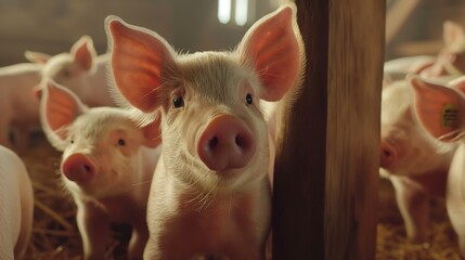 A close-up of a piglet with big ears looking at the camera with other piglets in the background.