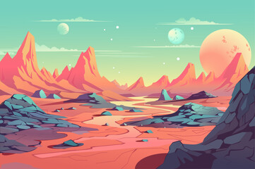 The background is a fantastic landscape in the flat cartoon design. This mysterious landscape depicts a fantastic landscape on a space planet. Vector illustration. © DesignSells