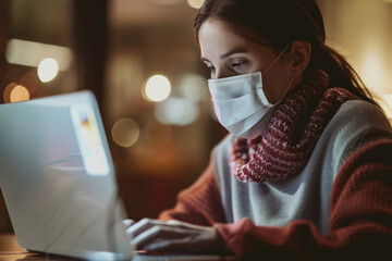 A young woman wearing a mask and using a laptop