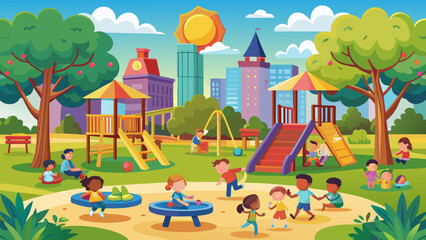 kindergarten or kids playground in city park vect  - obrazy, fototapety, plakaty