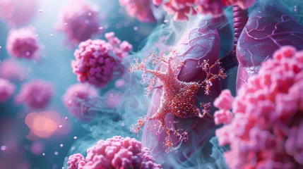Fotobehang Close-up photography capturing the menacing beauty of cancer cells, highlighting the ongoing battle against this pervasive disease © taelefoto
