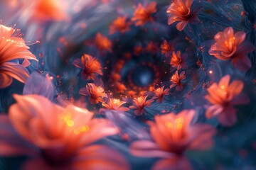 Surreal vortex of glowing flowers with a magical twist, perfect for dreamy backgrounds - obrazy, fototapety, plakaty