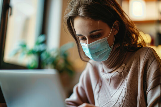A young woman wearing a mask and using a laptop