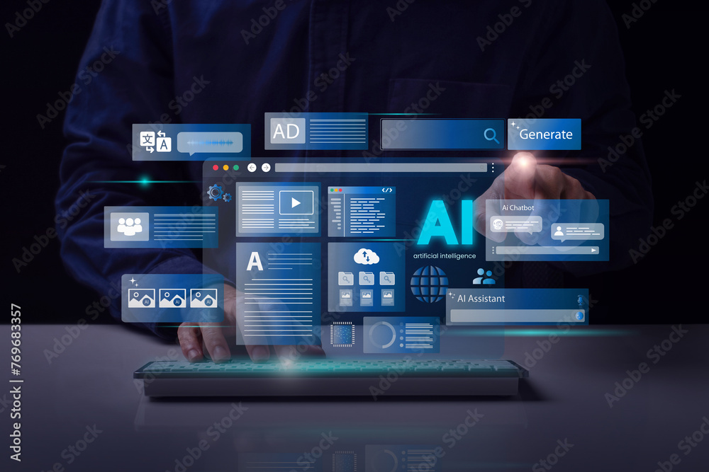 Wall mural artificial intelligence content generator. a man uses a laptop to interact with ai assistant. ai off - Wall murals