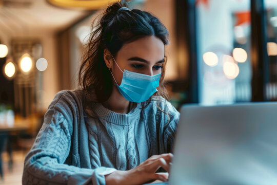 A young woman wearing a mask and using a laptop