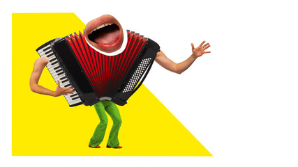 Banner. Contemporary art collage. Music instrument. Accordion with lips and legs dancing and...